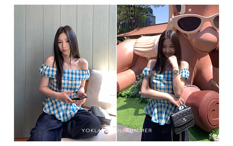 원본 품질 지퍼 네리 한 부서 파란색 체크무늬 오프숄더 셔츠 여름 작은 키 슬림해 보이는 맨위 상세 이미지 12