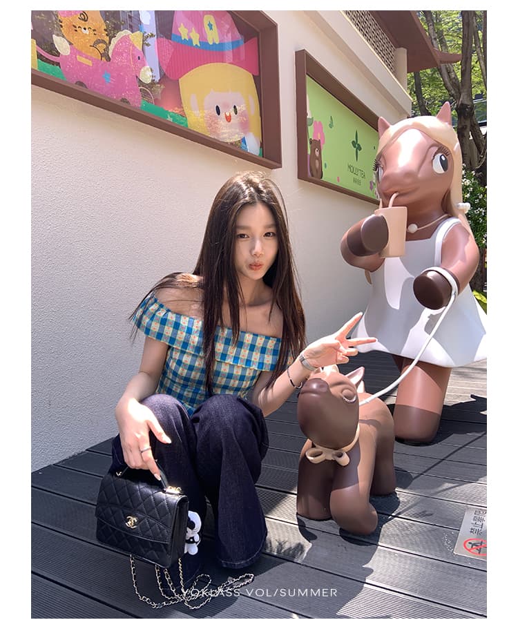 원본 품질 지퍼 네리 한 부서 파란색 체크무늬 오프숄더 셔츠 여름 작은 키 슬림해 보이는 맨위 상세 이미지 14