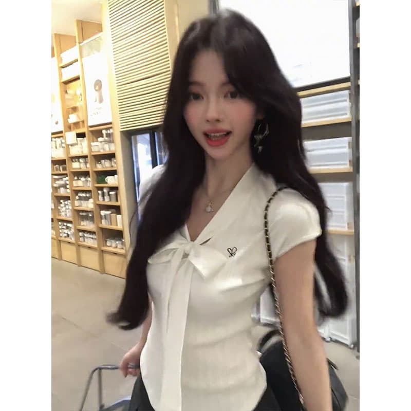 학원 스타일 품격 핫걸 레이스업 리본 반팔 티셔츠 여성 의류 여름 핫걸 몸매 가꾸기 다용도 V넥 맨위 상세 이미지 3