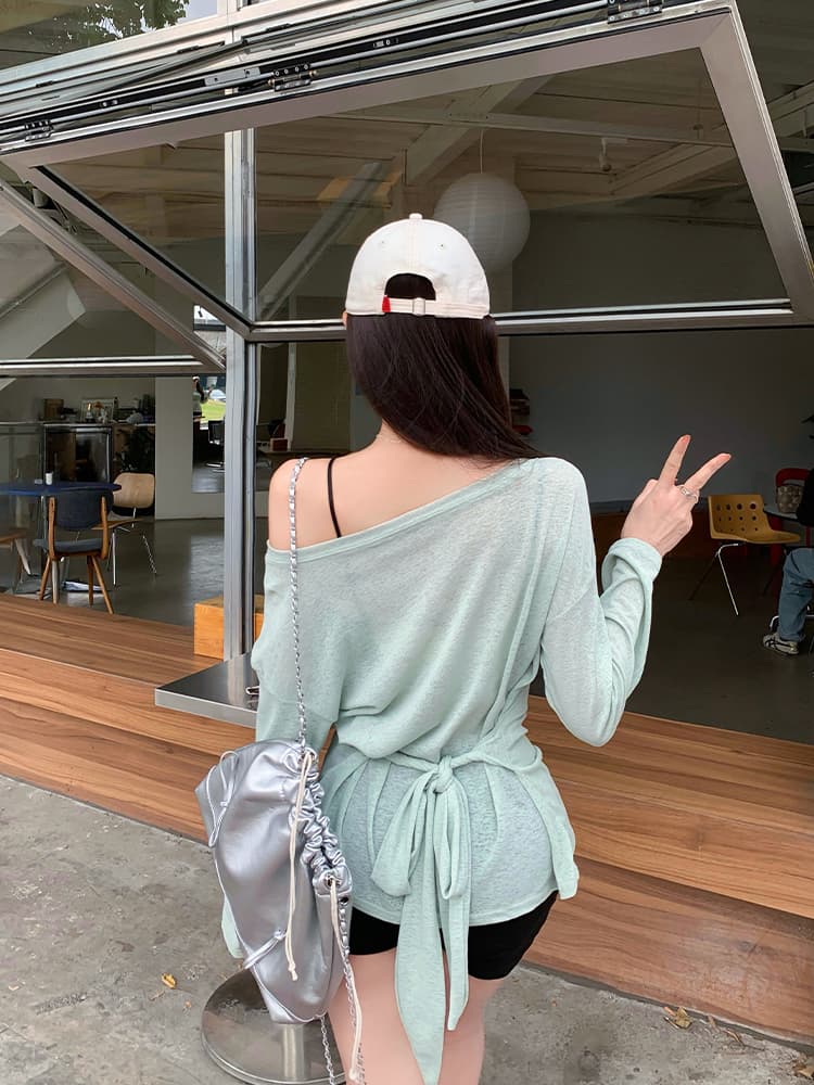 원본 품질 순수한 욕망 바람 비스듬한 어깨 긴팔 티셔츠 여성 여름 품격 루즈핏 얇은 스타일 오프숄더 맨위 상세 이미지 6