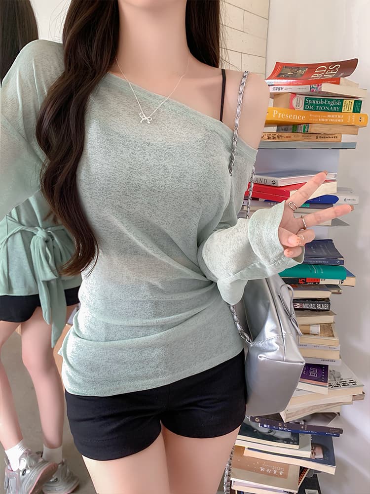 원본 품질 순수한 욕망 바람 비스듬한 어깨 긴팔 티셔츠 여성 여름 품격 루즈핏 얇은 스타일 오프숄더 맨위 상세 이미지 8