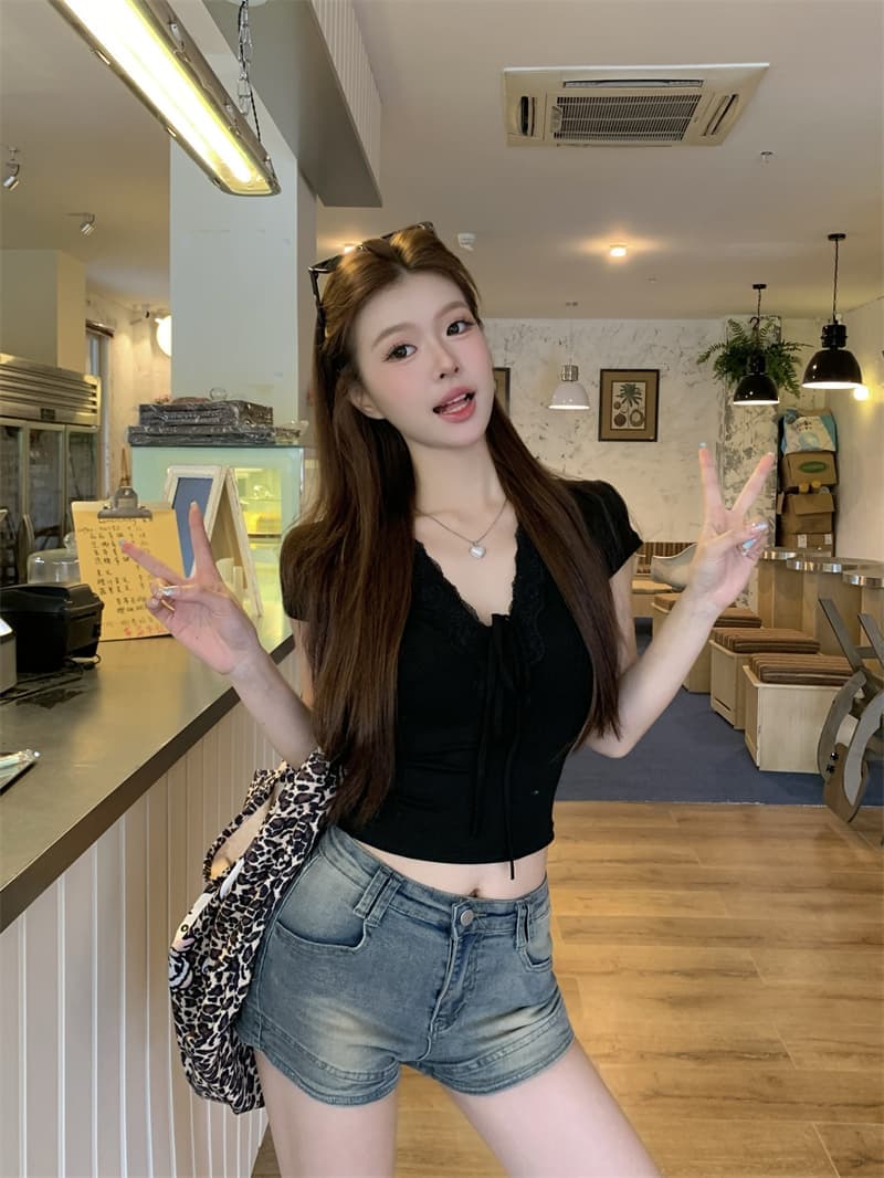원본 것 프랑스식 레이스 섹시함 V넥 레이스업 반팔 티셔츠 여성 여름 쇼트 스타일 이슬 뼈의 맨위 상세 이미지 19