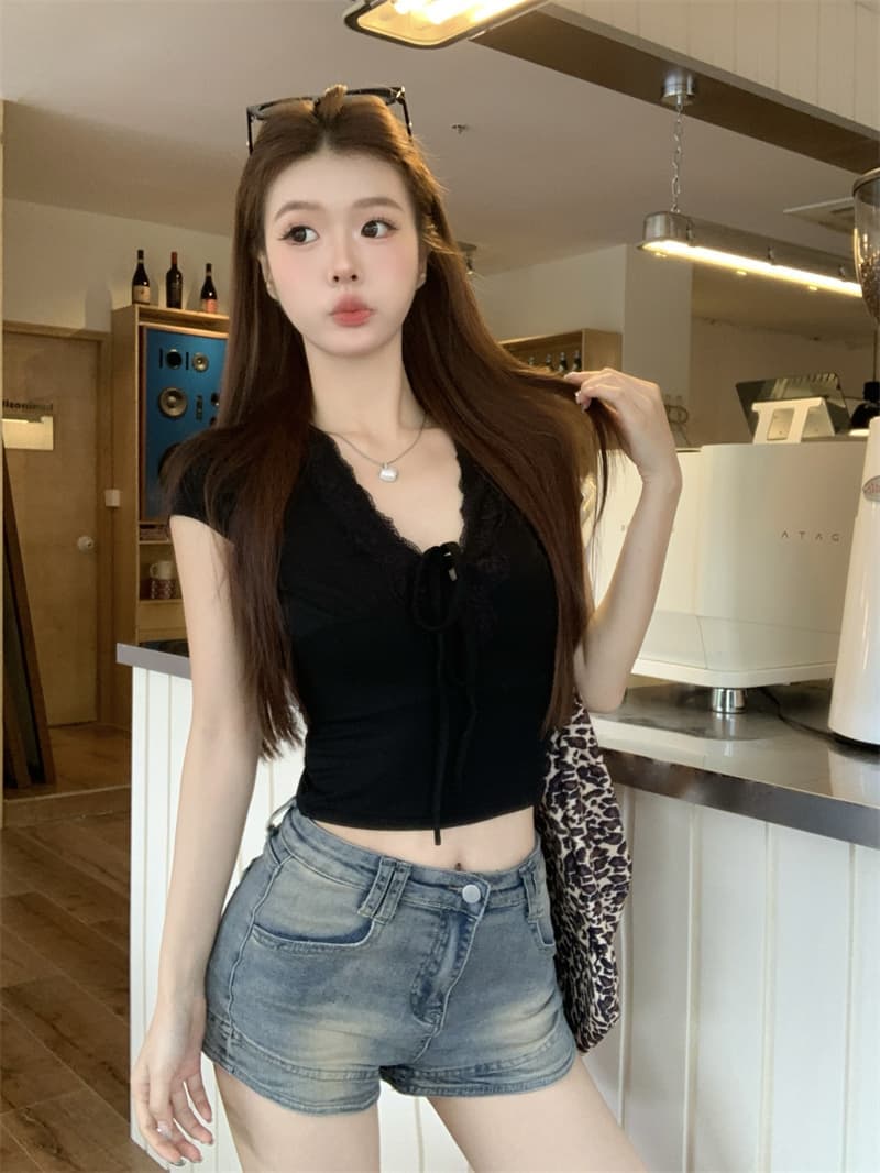 원본 것 프랑스식 레이스 섹시함 V넥 레이스업 반팔 티셔츠 여성 여름 쇼트 스타일 이슬 뼈의 맨위 상세 이미지 21