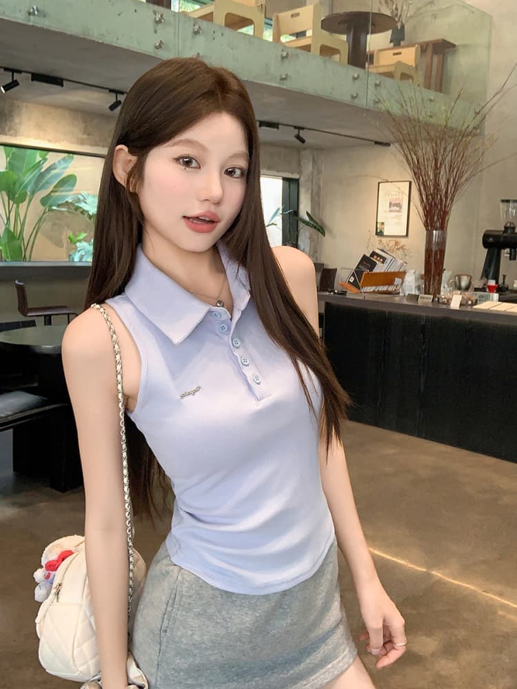 원본 품질 POLO 칼라 민소매 조끼 여름 새로운 디자인 센스 몸매 가꾸기 핫걸 작은 대중 슬림해 보이는 맨위 상세 이미지 2