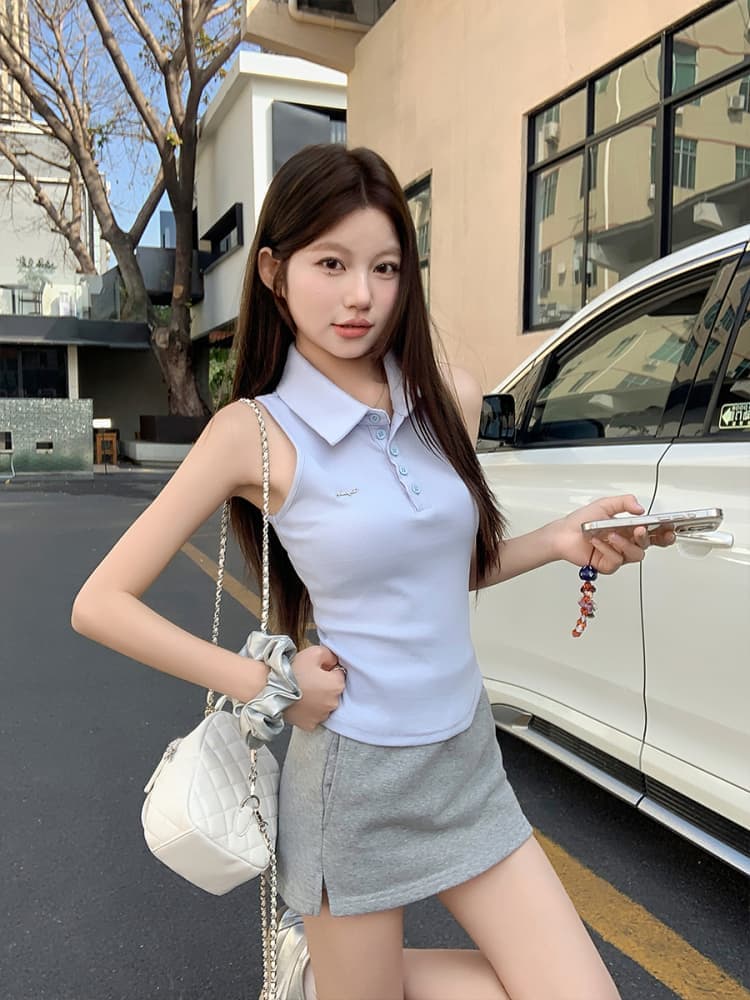 원본 품질 POLO 칼라 민소매 조끼 여름 새로운 디자인 센스 몸매 가꾸기 핫걸 작은 대중 슬림해 보이는 맨위 상세 이미지 7