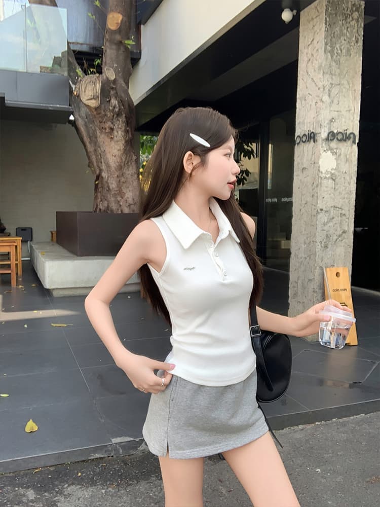 원본 품질 POLO 칼라 민소매 조끼 여름 새로운 디자인 센스 몸매 가꾸기 핫걸 작은 대중 슬림해 보이는 맨위 상세 이미지 15