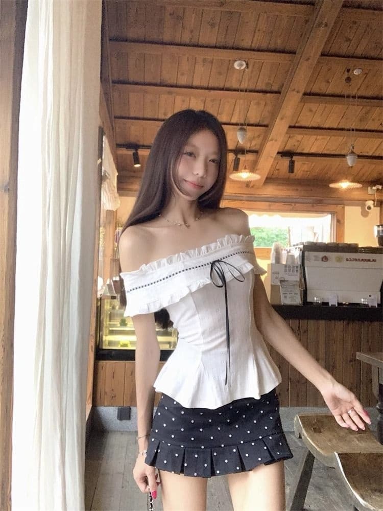 에디션 원단 자카드 프랑스식 디자인 센스 작은 대중 오프숄더 반팔 티셔츠 여름 허리 수축 맨위 상세 이미지 3