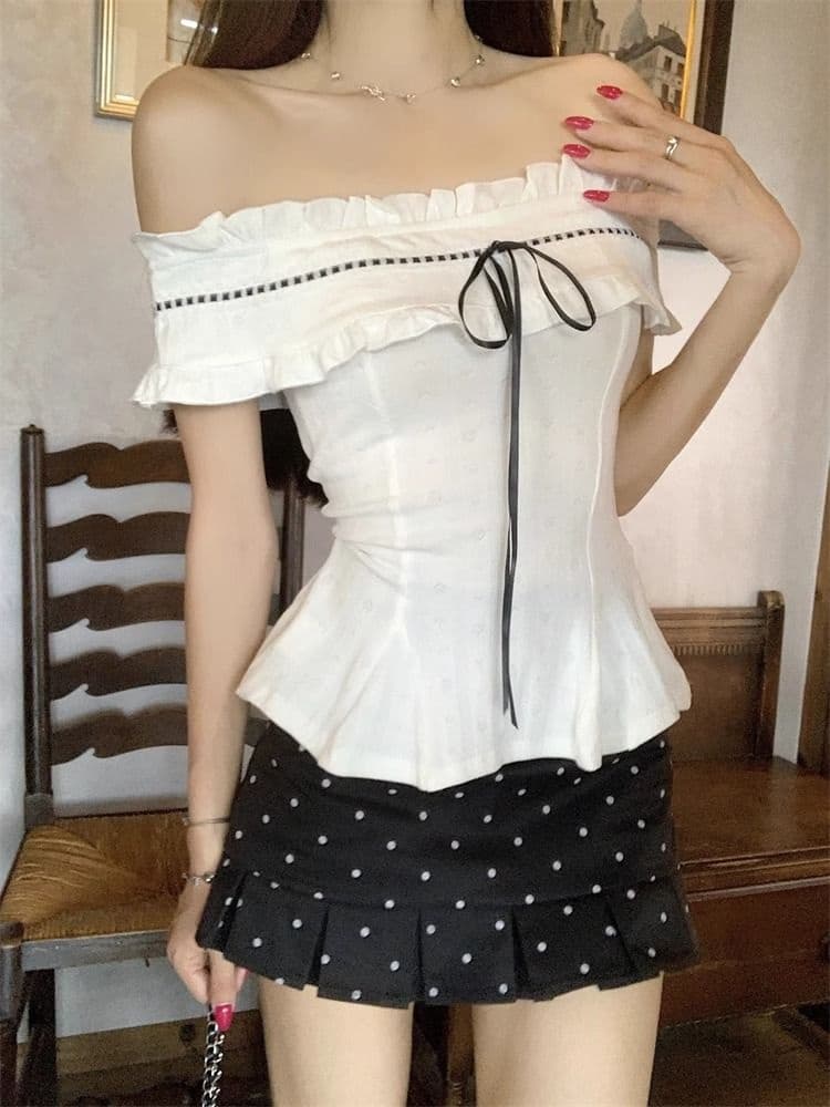 에디션 원단 자카드 프랑스식 디자인 센스 작은 대중 오프숄더 반팔 티셔츠 여름 허리 수축 맨위 상세 이미지 10