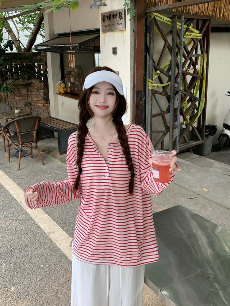 원본 품질 느긋한 스트라이프 긴팔 자외선 차단 티셔츠 여성 여름 품격 다용도 루즈핏 작은 대중 맨위 상세 이미지 15