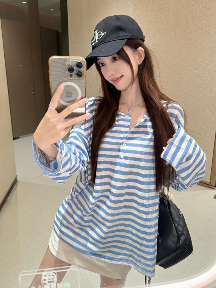원본 품질 느긋한 스트라이프 긴팔 자외선 차단 티셔츠 여성 여름 품격 다용도 루즈핏 작은 대중 맨위 상세 이미지 29