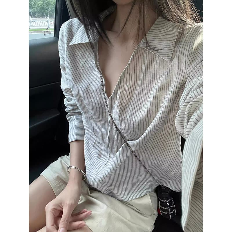 원본 품질 한 부서 스트라이프 폴로 칼라 자외선 차단 맨위 여성 여름 빅 사이즈 다용도 긴팔 셔츠 재킷 상세 이미지 3