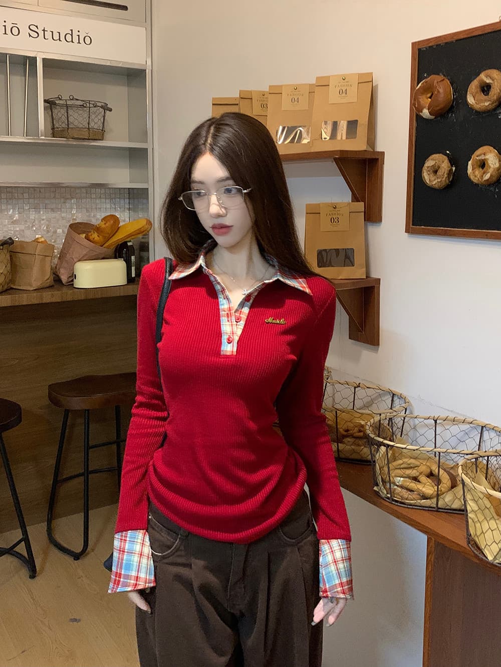 작은 대중 패치워크 체크무늬 POLO 칼라 겨울 레트로 빅 사이즈 몸매 가꾸기 기본 셔츠 맨위 상세 이미지 6
