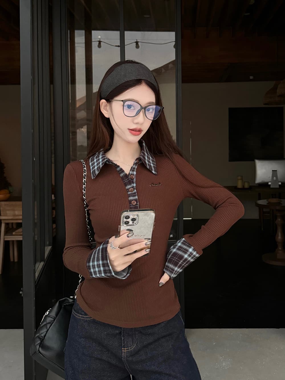 작은 대중 패치워크 체크무늬 POLO 칼라 겨울 레트로 빅 사이즈 몸매 가꾸기 기본 셔츠 맨위 상세 이미지 24
