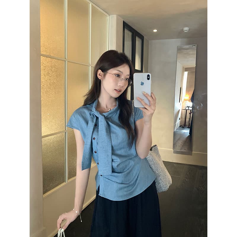 원본 품질 고급 센스 스트라이프 리본 반팔 셔츠 마이크로 지방 불규칙 슬림해 보이는 주름 다용도 맨위 이미지 3