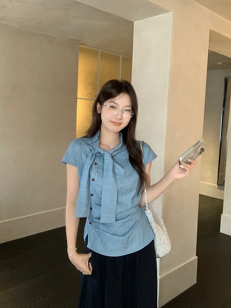 원본 품질 고급 센스 스트라이프 리본 반팔 셔츠 마이크로 지방 불규칙 슬림해 보이는 주름 다용도 맨위 상세 이미지 4