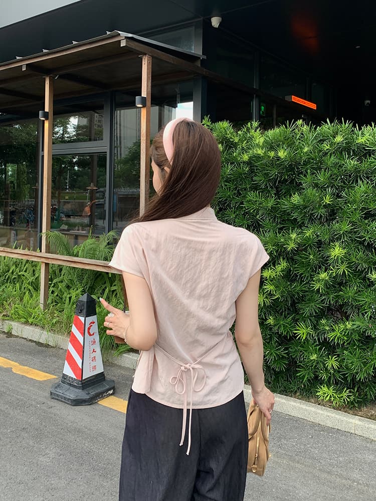 원본 품질 고급 센스 스트라이프 리본 반팔 셔츠 마이크로 지방 불규칙 슬림해 보이는 주름 다용도 맨위 상세 이미지 24