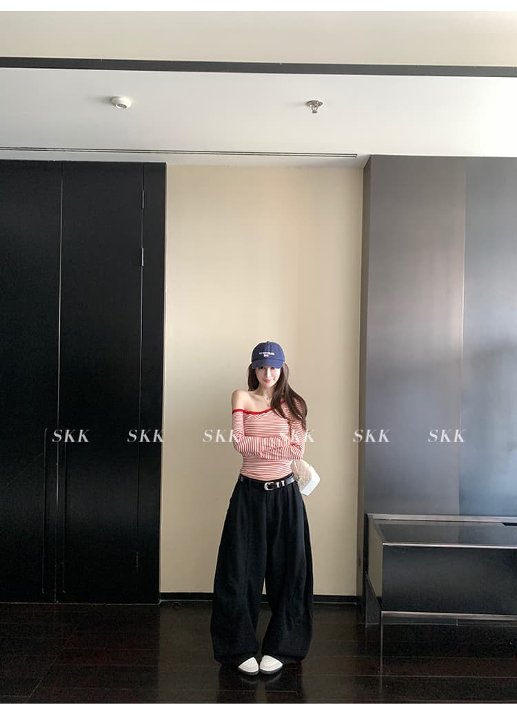 skk store 빛 연 여자 친구 가면 수준 차가운 통기성 스트라이프 비스듬한 어깨 긴팔 가을 티셔츠 기본 셔츠 여성 상세 이미지 19