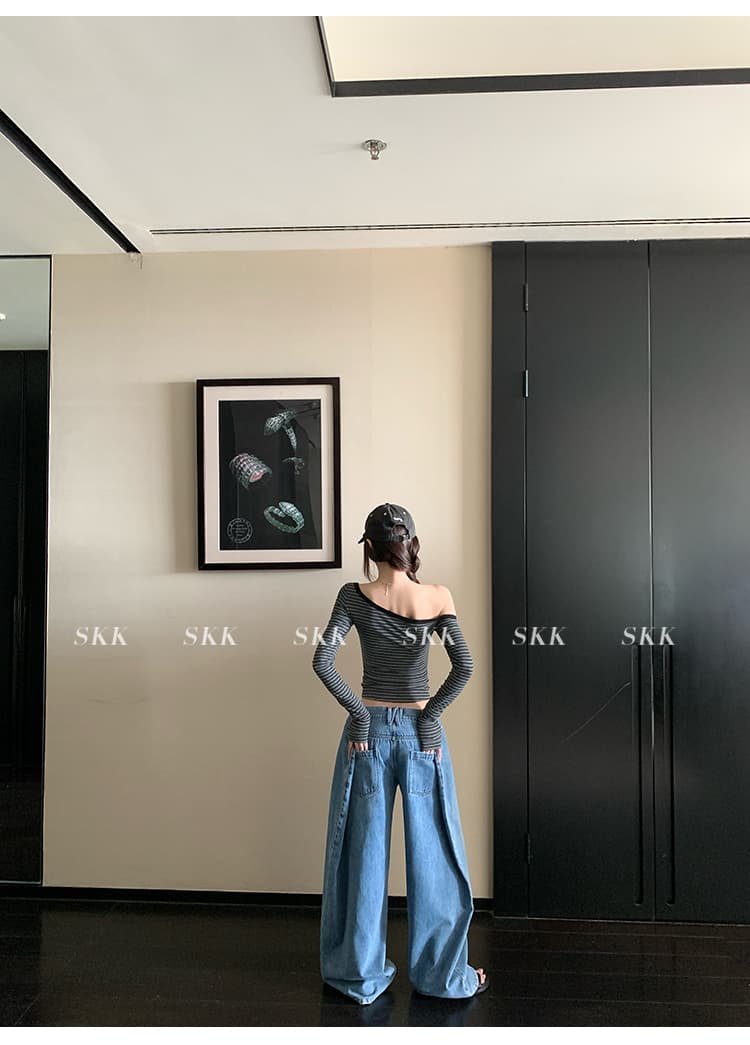 skk store 빛 연 여자 친구 가면 수준 차가운 통기성 스트라이프 비스듬한 어깨 긴팔 가을 티셔츠 기본 셔츠 여성 상세 이미지 24