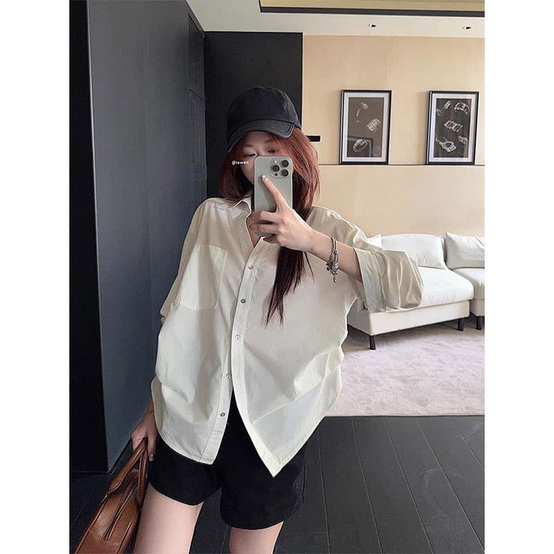 원본 품질 오래된 돈 바람 폴로 칼라 긴팔 여성 셔츠 가을 디자인 센스 작은 대중 허리 수축 주름 맨위 이미지 2
