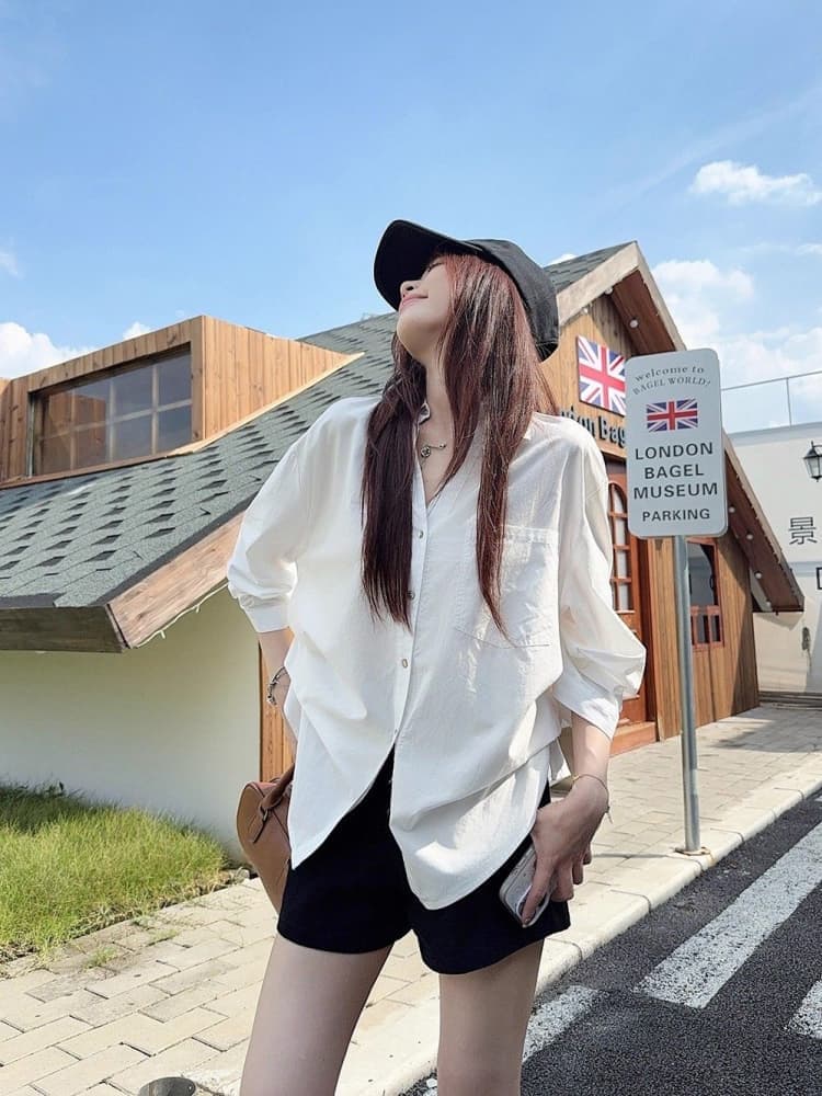 원본 품질 오래된 돈 바람 폴로 칼라 긴팔 여성 셔츠 가을 디자인 센스 작은 대중 허리 수축 주름 맨위 상세 이미지 3