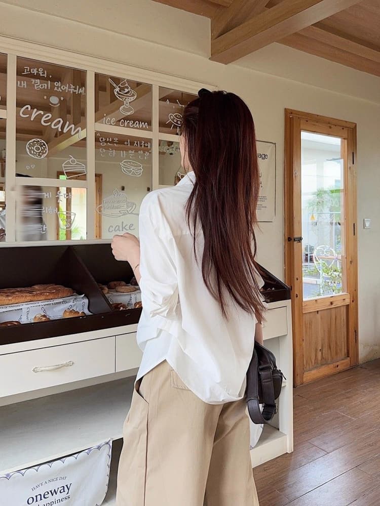 원본 품질 오래된 돈 바람 폴로 칼라 긴팔 여성 셔츠 가을 디자인 센스 작은 대중 허리 수축 주름 맨위 상세 이미지 9