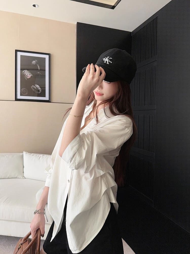원본 품질 오래된 돈 바람 폴로 칼라 긴팔 여성 셔츠 가을 디자인 센스 작은 대중 허리 수축 주름 맨위 상세 이미지 13