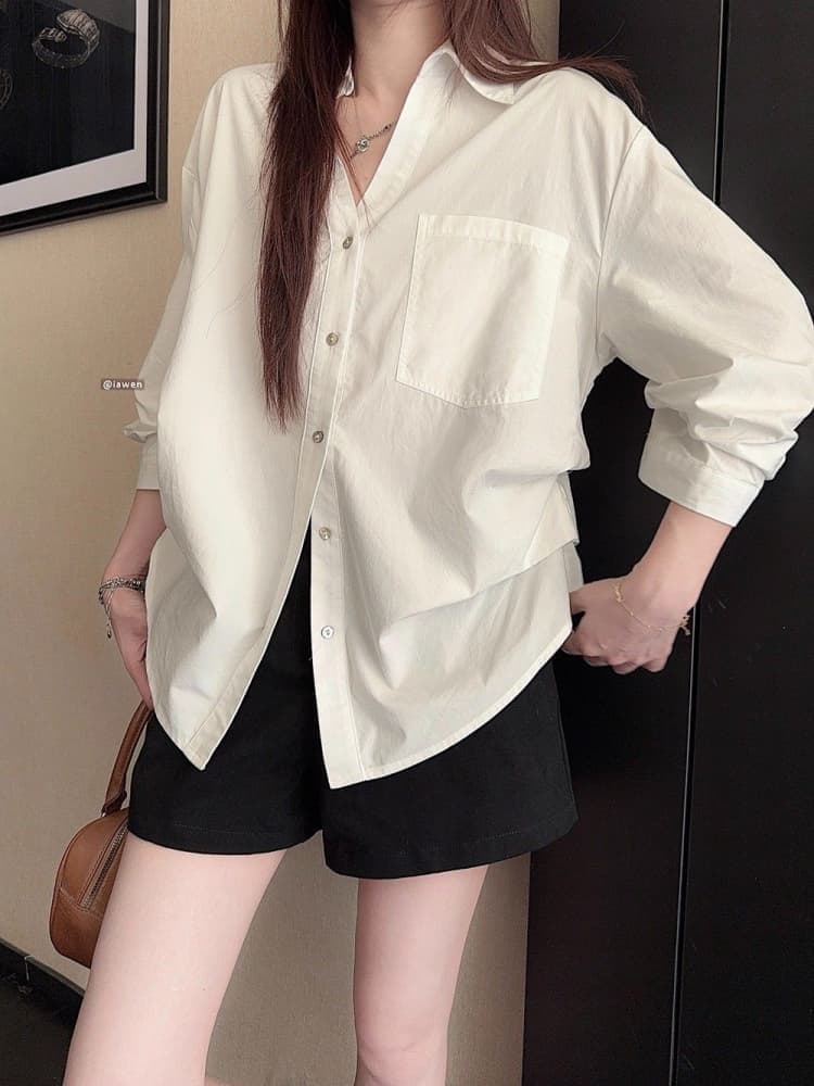 원본 품질 오래된 돈 바람 폴로 칼라 긴팔 여성 셔츠 가을 디자인 센스 작은 대중 허리 수축 주름 맨위 상세 이미지 18