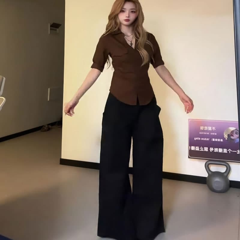 원본 품질 핫걸 POLO 칼라 중간 소매 여성 셔츠 가을 몸매 가꾸기 디자인 센스 품격 허리 수축 맨위 이미지 3