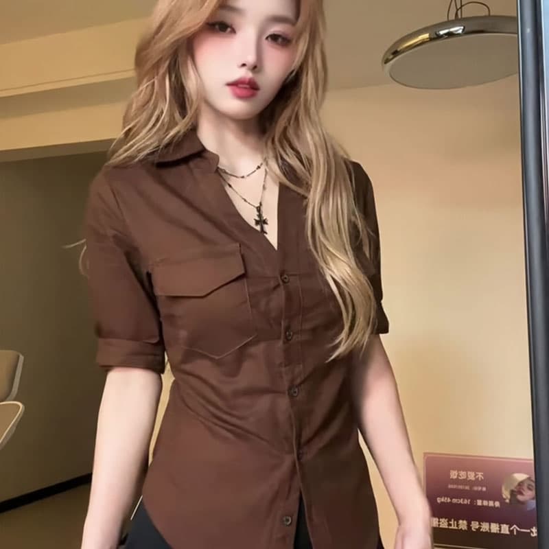 원본 품질 핫걸 POLO 칼라 중간 소매 여성 셔츠 가을 몸매 가꾸기 디자인 센스 품격 허리 수축 맨위 상세 이미지 3
