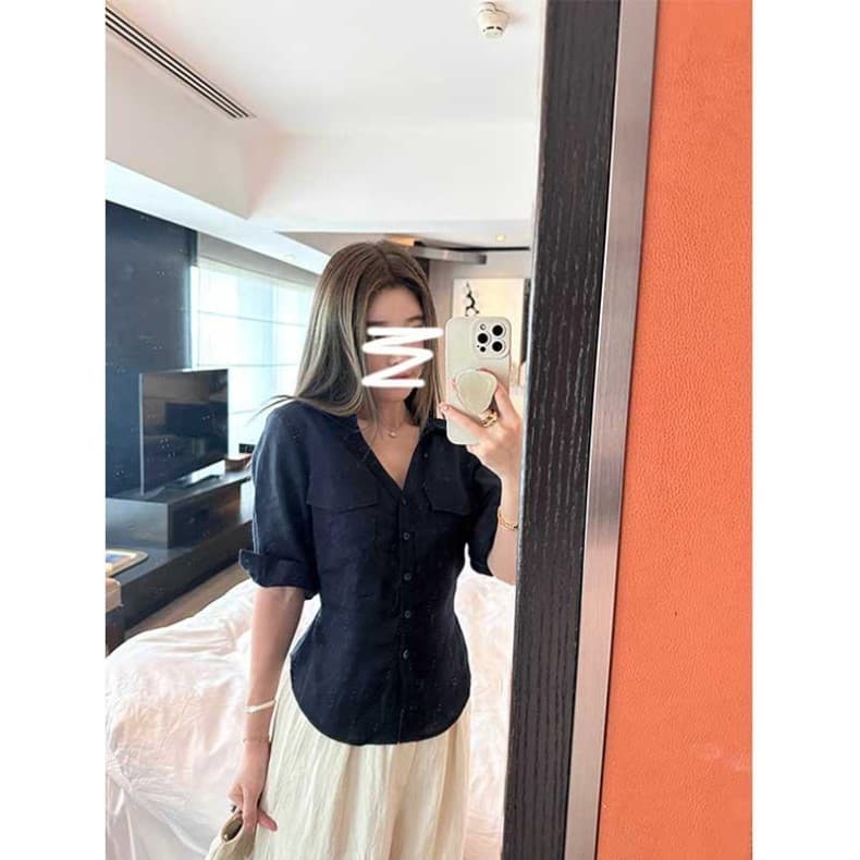 원본 품질 핫걸 POLO 칼라 중간 소매 여성 셔츠 가을 몸매 가꾸기 디자인 센스 품격 허리 수축 맨위 상세 이미지 15