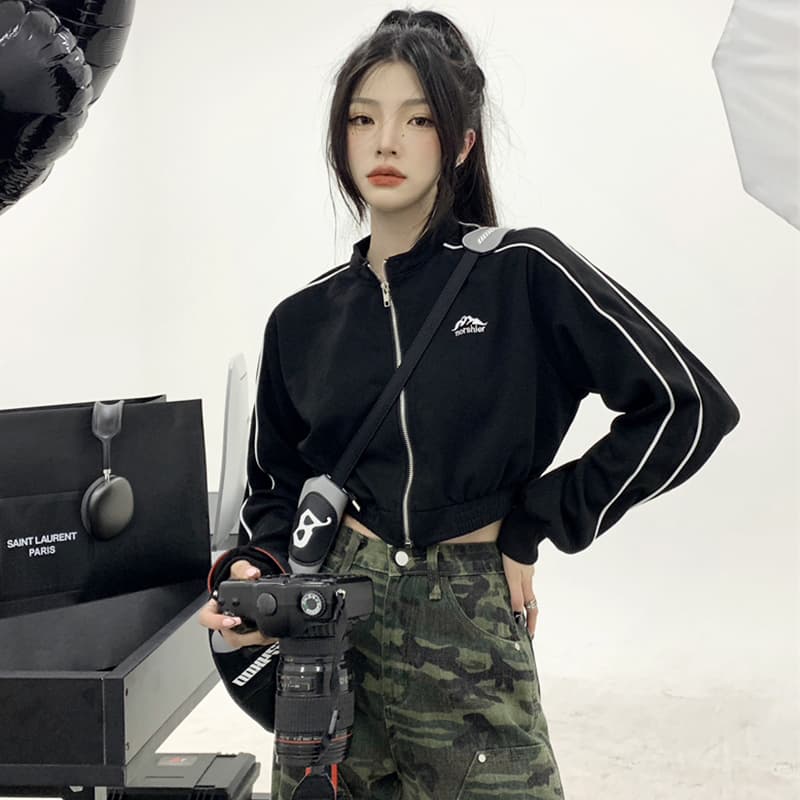 흔들어서 톤 품질 아메리칸 후드티 여성 긴 소매 하이웨이스트 재킷 가을 레트로 지퍼 오픈 가디건 쇼트 스타일 맨위 이미지 4