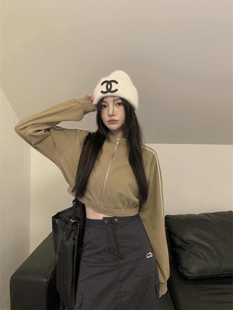 흔들어서 톤 품질 아메리칸 후드티 여성 긴 소매 하이웨이스트 재킷 가을 레트로 지퍼 오픈 가디건 쇼트 스타일 맨위 상세 이미지 31
