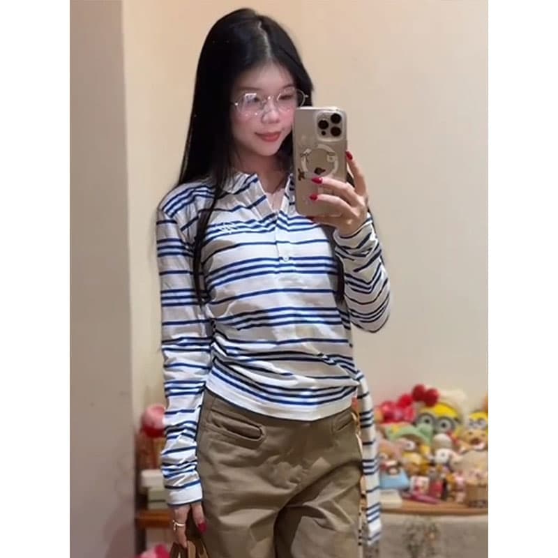 원본 품질 블루 화이트 스트라이프 스트랩 POLO 셔츠 반팔 티셔츠 여성 여름 긍정적 인 어깨 쇼트 스타일 맨위 상세 이미지 9