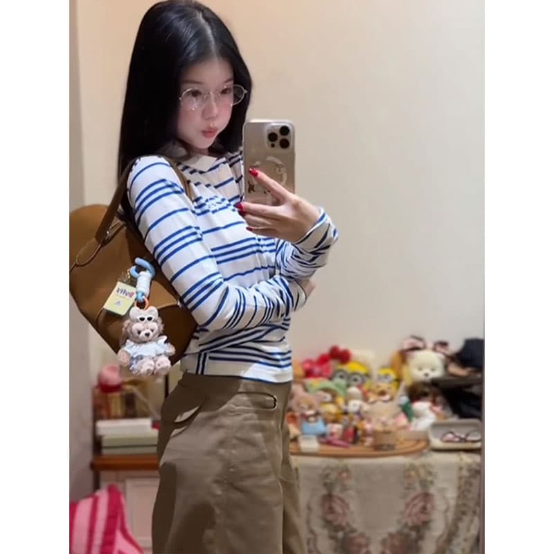 원본 품질 블루 화이트 스트라이프 스트랩 POLO 셔츠 반팔 티셔츠 여성 여름 긍정적 인 어깨 쇼트 스타일 맨위 상세 이미지 11