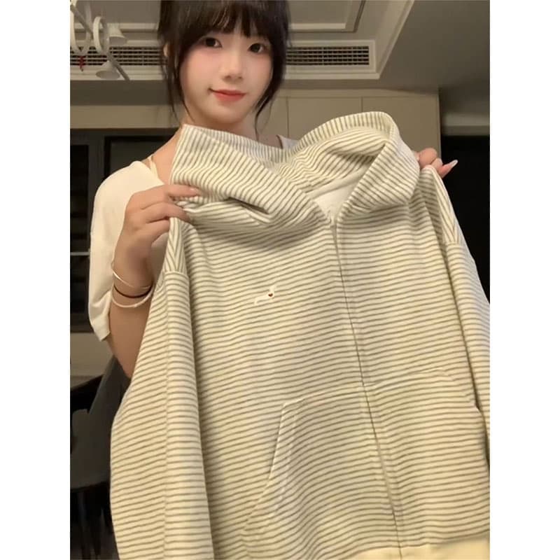 원본 품질 플러스 인사이드 펌프 자수 이후 패키지 칼라 가을 루즈핏 한 부서 스트라이프 후드 티 스웨터 여성 상세 이미지 6
