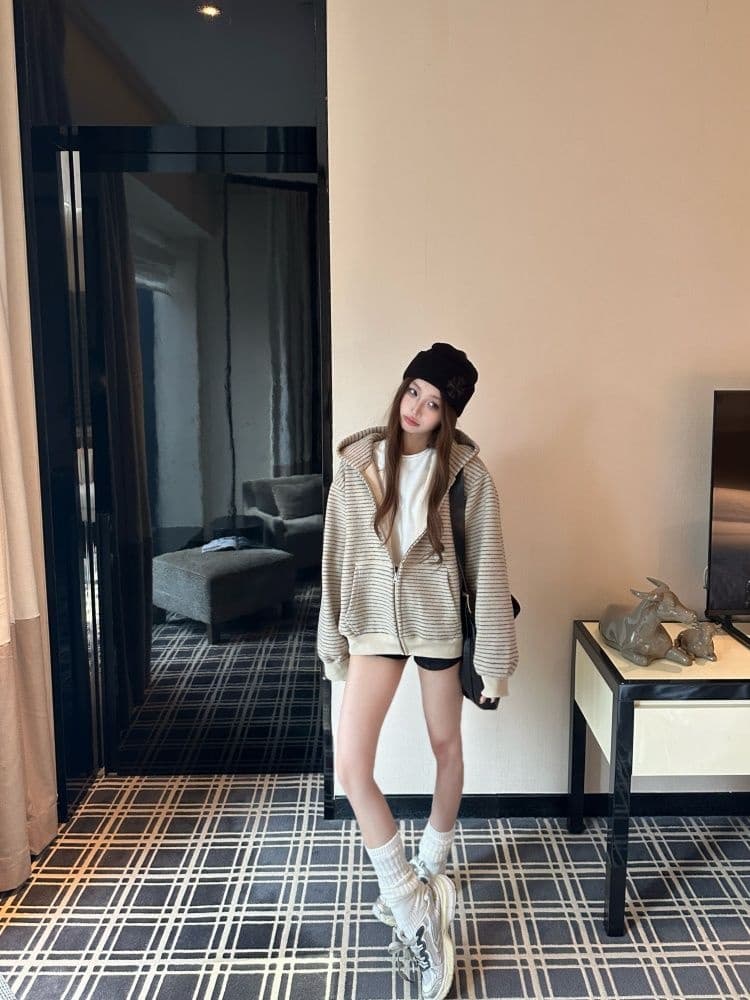 아침 칼라 원본 품질 플러시 기사 복합 스트라이프 후드 티 스웨터 재킷 가을 루즈핏 지퍼 오픈 가디건 맨위 상세 이미지 6