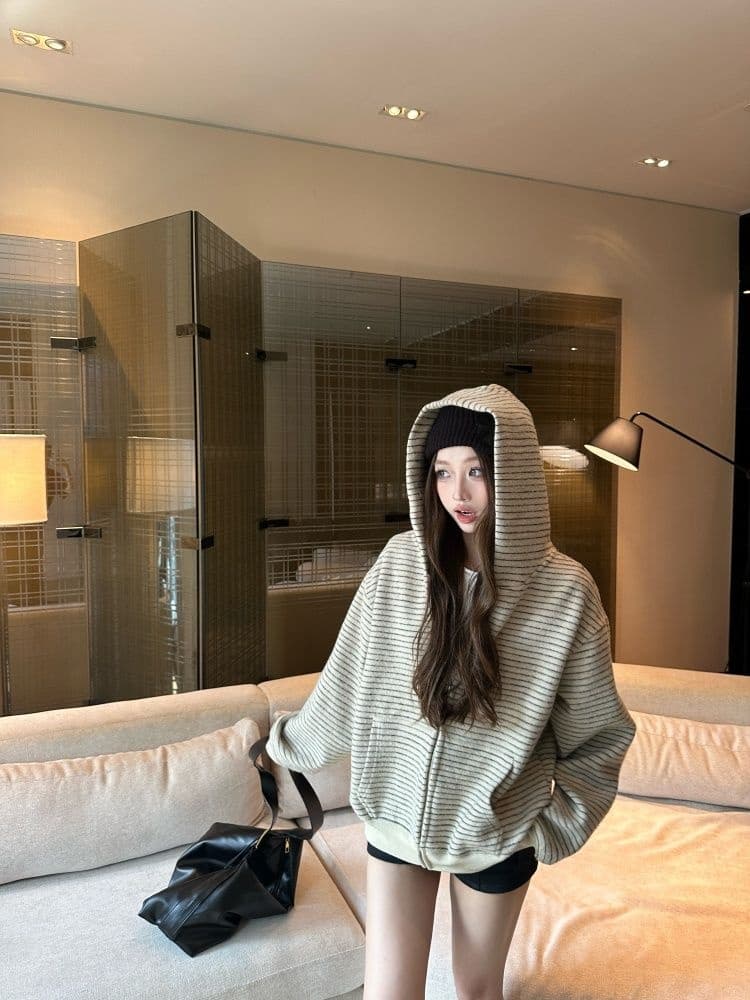 아침 칼라 원본 품질 플러시 기사 복합 스트라이프 후드 티 스웨터 재킷 가을 루즈핏 지퍼 오픈 가디건 맨위 상세 이미지 12