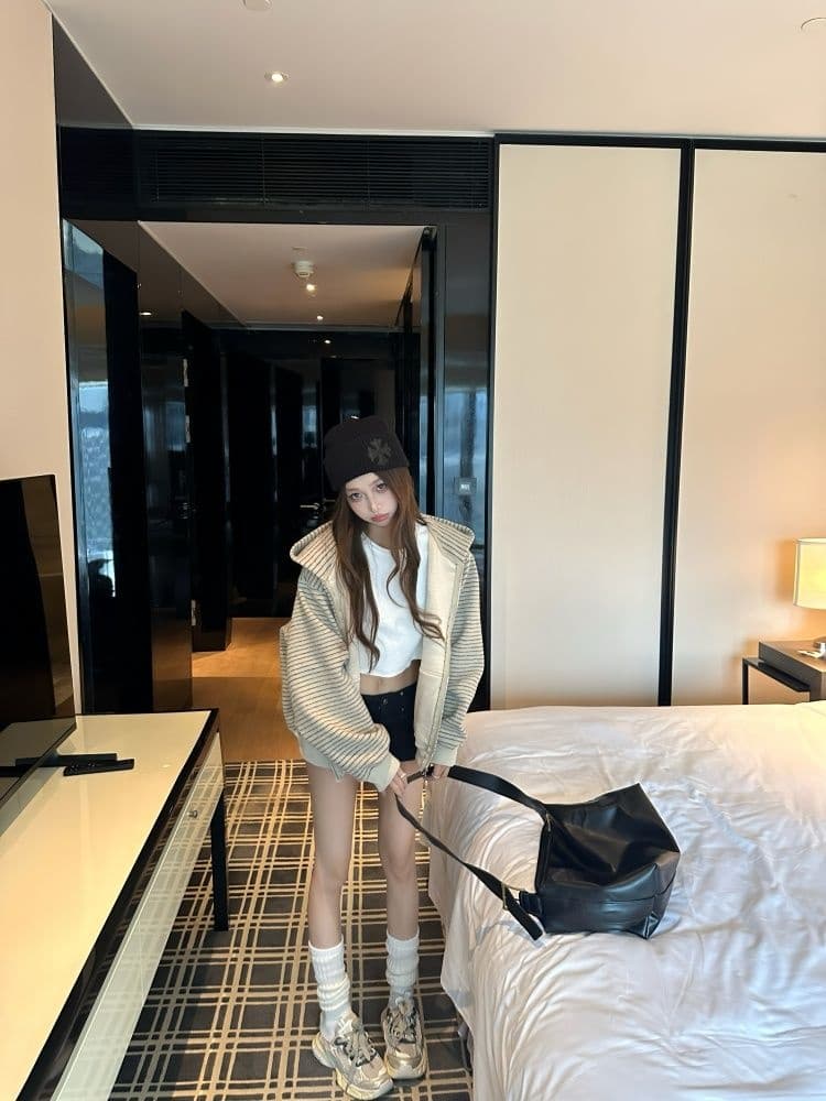아침 칼라 원본 품질 플러시 기사 복합 스트라이프 후드 티 스웨터 재킷 가을 루즈핏 지퍼 오픈 가디건 맨위 상세 이미지 13