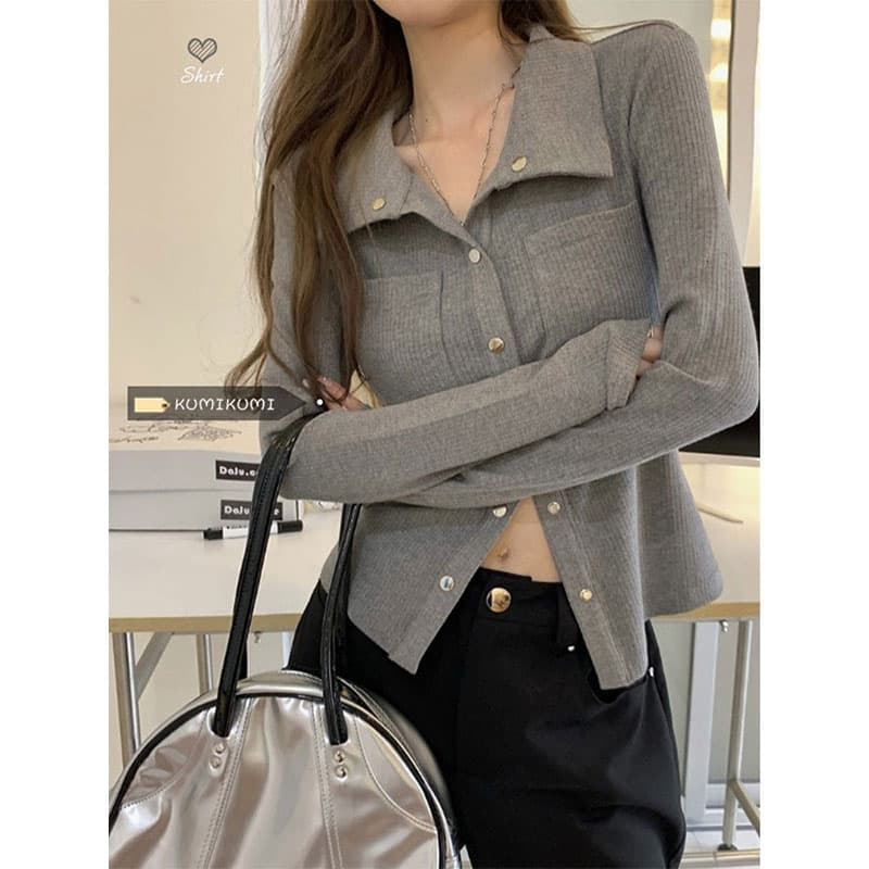회색 인사이드 가져 가라. 기본 셔츠 여성 가을 작은 대중 디자인 센스 새로운 한국 스타일 셔츠 품격 Chic 긴팔 맨위 트렌디