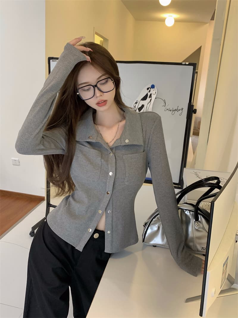 회색 인사이드 가져 가라. 기본 셔츠 여성 가을 작은 대중 디자인 센스 새로운 한국 스타일 셔츠 품격 Chic 긴팔 맨위 트렌디 상세 이미지 15