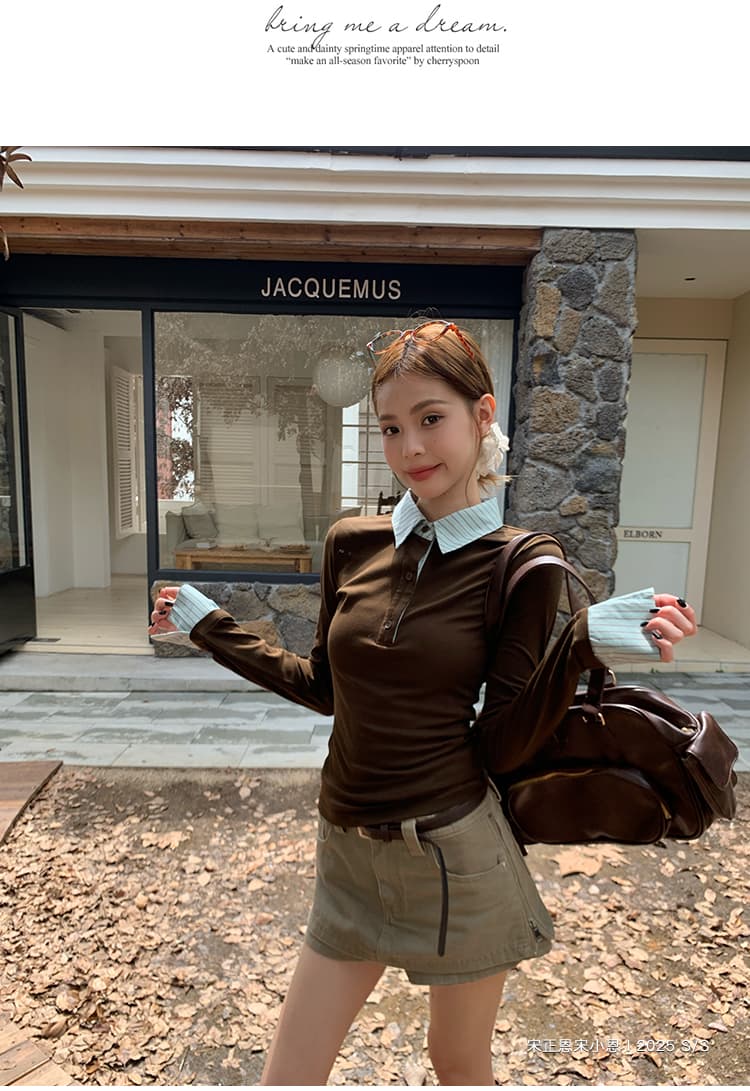 아메리칸 페이크 레이어드 스트라이프 POLO 칼라 긍정적 인 어깨 긴팔 티셔츠 가을 핫걸 몸매 가꾸기 맨위 상세 이미지 10