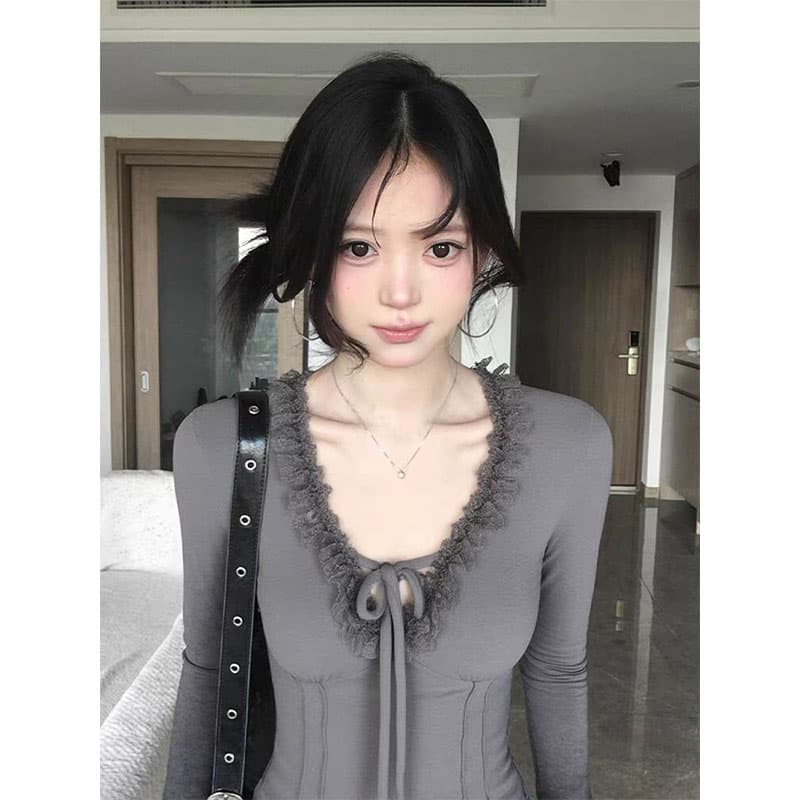 차가운 실크 코튼 리브 레이스 레이스 레이스업 긴팔 티셔츠 가을 겨울철 인사이드 가져 가라. 기본 셔츠 핫걸 맨위 이미지 2