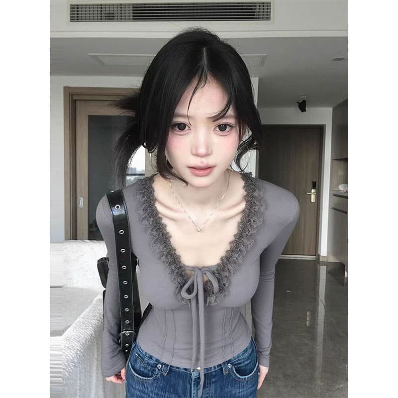 차가운 실크 코튼 리브 레이스 레이스 레이스업 긴팔 티셔츠 가을 겨울철 인사이드 가져 가라. 기본 셔츠 핫걸 맨위 상세 이미지 2