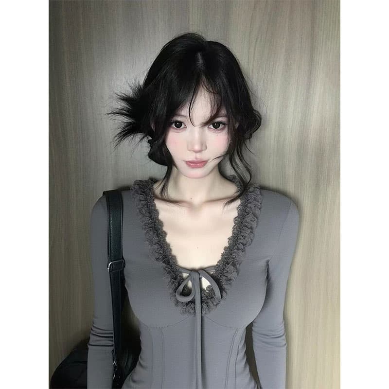 차가운 실크 코튼 리브 레이스 레이스 레이스업 긴팔 티셔츠 가을 겨울철 인사이드 가져 가라. 기본 셔츠 핫걸 맨위 상세 이미지 5