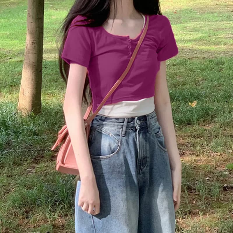 여름 새로운 반팔 티셔츠 여성 짧은 마이크로 지방 패치워크 페이크 레이어드 슬림해 보이는 작은 대중 맨위 이미지 2