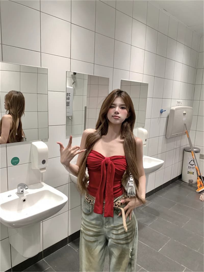 빨간색 튜브탑 조끼 여름 디자인 센스 나비 넥타이 섹시함 핫걸 인사이드 가져 가라. 쇼트 스타일 외출용 맨위 상세 이미지 3