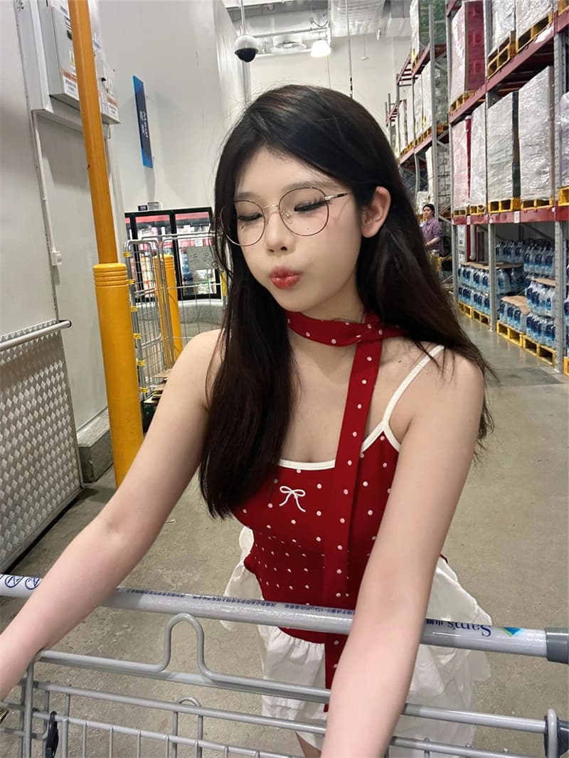 빨간색 행침 목 도트 무늬 캐미솔 여름 민소매 인사이드 가져 가라. 만나는 핫걸 발레 바람 맨위 외출용 상세 이미지 9