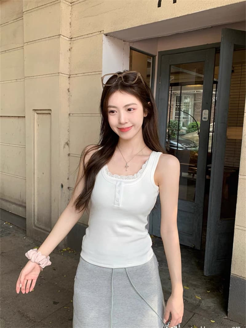 순수한 욕망 바람 레이스 조각 단추 캐미솔 여름 디자인 페이크 레이어드 몸매 가꾸기 핫걸 작은 맨위 이미지 4