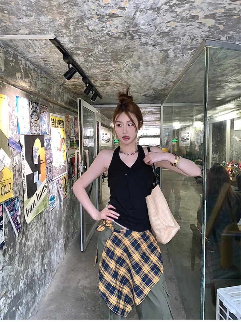 대외 무역 뜨거운 판매 섹션 핫걸 순수한 욕망 바람 작은 대중 비틀림 행침 목 캐미솔 여름 달콤한 차가운 바람 맨위 이미지 4