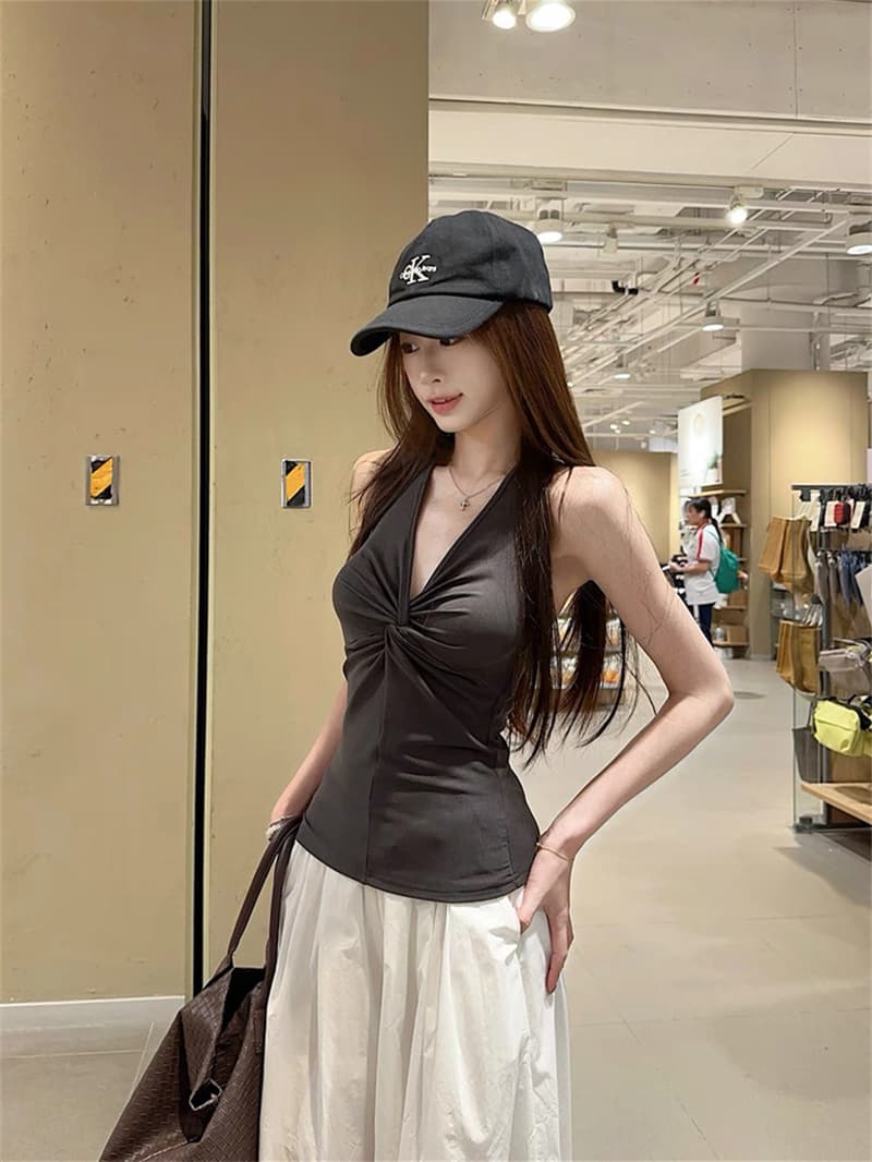 대외 무역 뜨거운 판매 섹션 핫걸 순수한 욕망 바람 작은 대중 비틀림 행침 목 캐미솔 여름 달콤한 차가운 바람 맨위 상세 이미지 6
